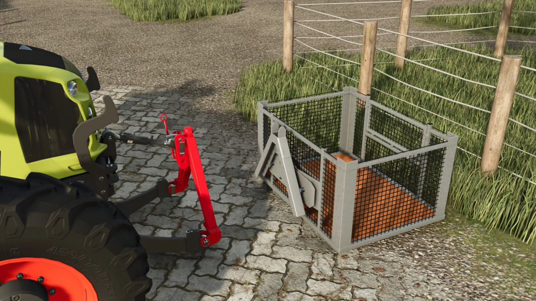 Lizard Transport Box mod for FS25 next to a tractor on a farm path.