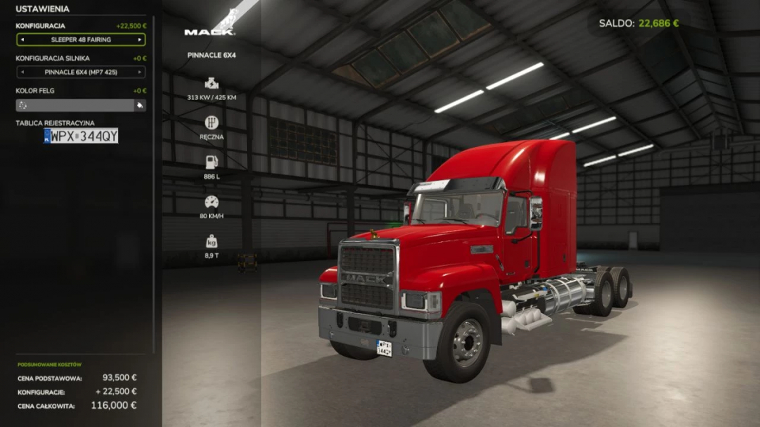 FS25 mod Mack Pinnacle v1.0.0.0, featuring a red truck in a warehouse setting, showing configuration options and pricing.