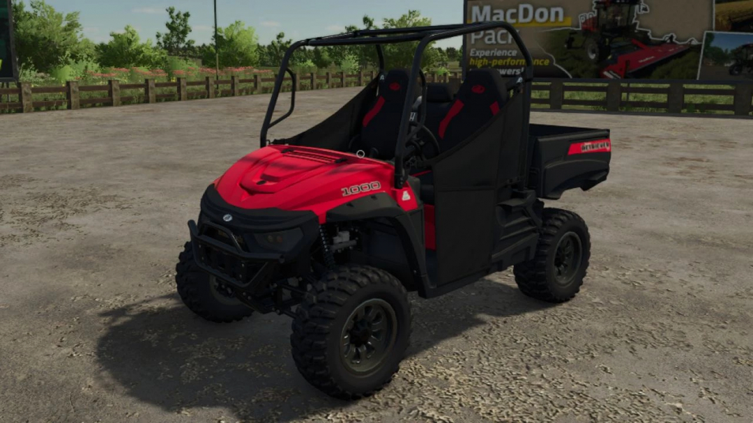 Mahindra Retriever 1000 mod for FS25, showcasing a red and black utility vehicle on a farm setting.