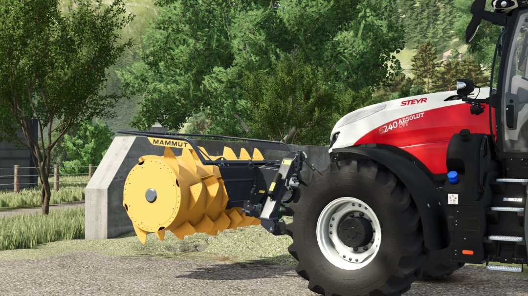 Mammut Silo Compaction Pack v1.0.0.0 in FS25 displayed on a tractor, surrounded by greenery.