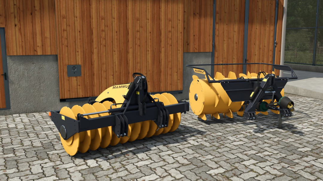 Mammut Silo Compaction Pack mod for Farming Simulator 25, featuring yellow agricultural equipment outside a wooden barn.