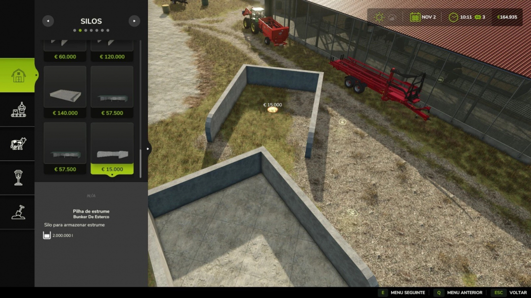 Farming Simulator 25 ManureBunker mod showing silos menu and storage area.