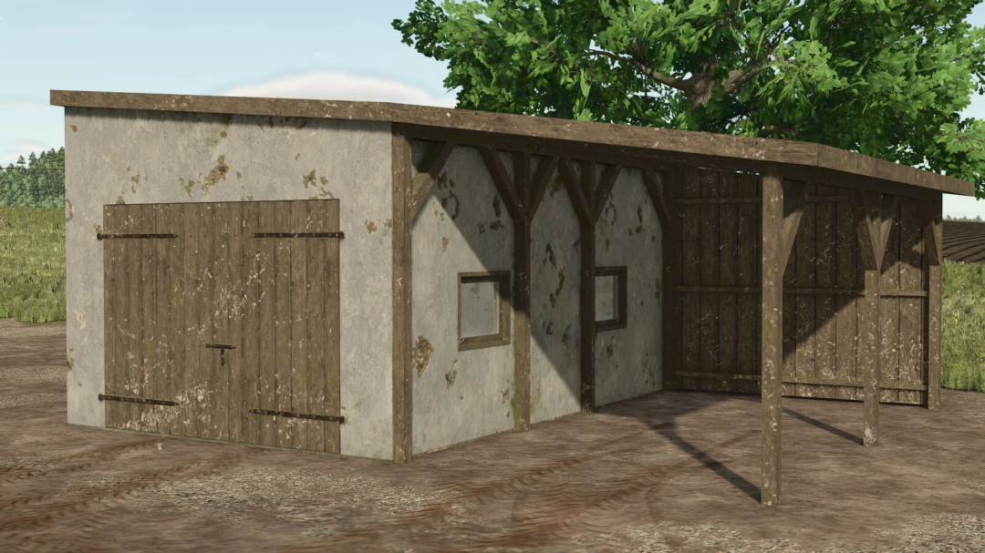 Medium Garage mod in FS25, featuring rustic wooden doors and walls, set in a farm environment.