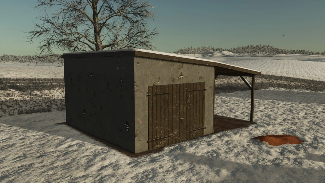 Image of a medium garage mod in Farming Simulator 25, showing a rustic structure in a snowy landscape. FS25 mods enhance gameplay.