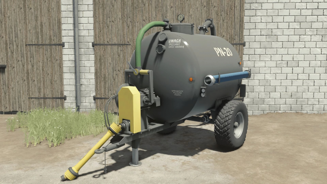 FS25 mod Meprozet PN20, a farming trailer, parked on a farmyard.