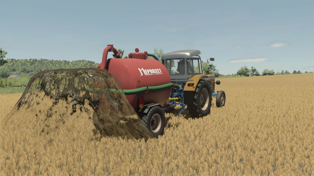 FS25 mod Meprozet PN20 v1.0.0.0, tractor spreading slurry in a field.