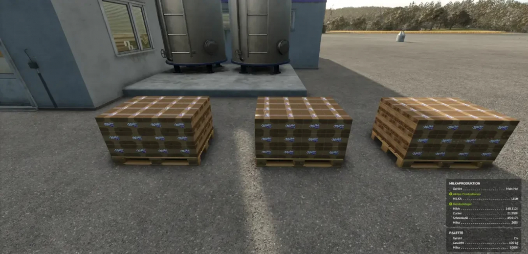 FS25 Milka produktion mod with pallets of Milka chocolate in front of production facility.