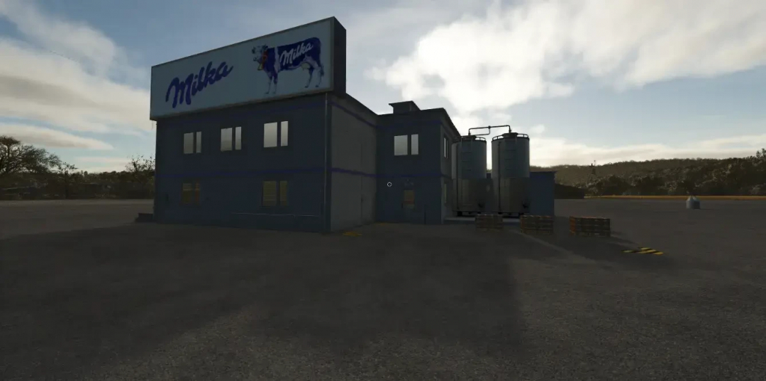 FS25 mod Milka produktion v1.0.0.0 building with outdoor storage tanks and Milka signage.