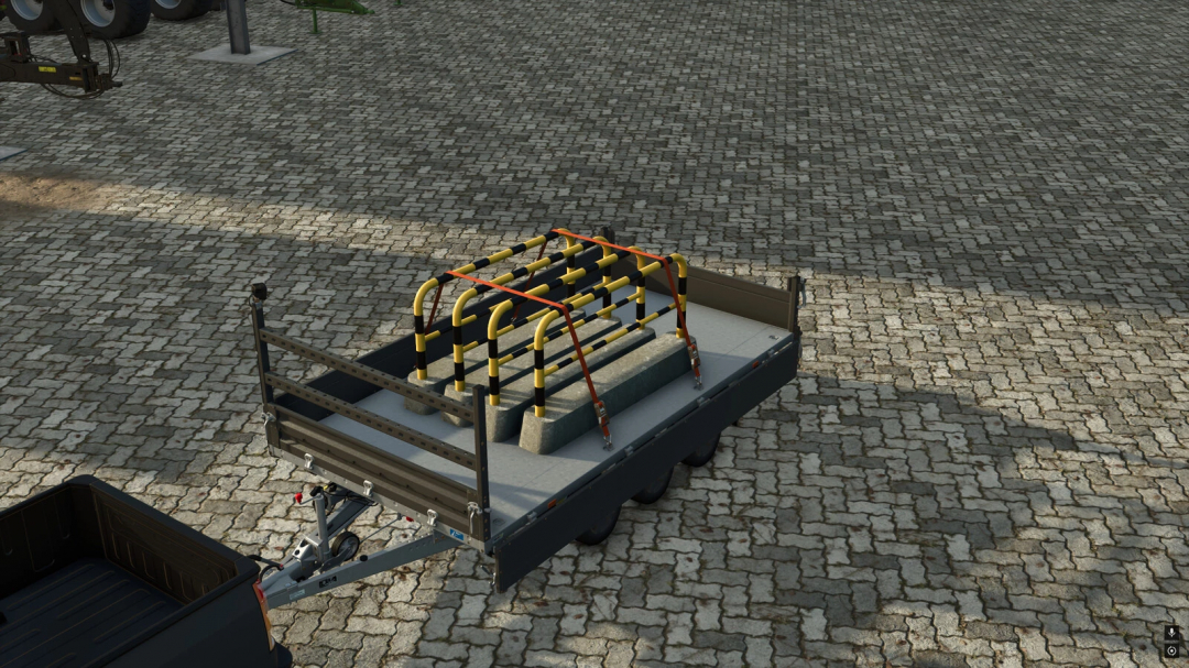 Mobile Barrier mod in FS25 on a trailer, showcasing safety barriers with yellow and black stripes, Farming Simulator 25 mods.