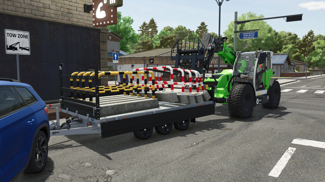 FS25 Mobile Barrier mod trailer carrying barriers in city street.