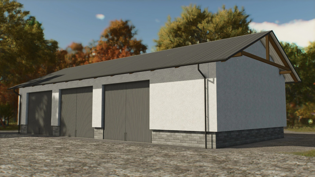 Modern Barn With Workshop mod for FS25 featuring a sleek, white and gray design with large doors in a farm setting.