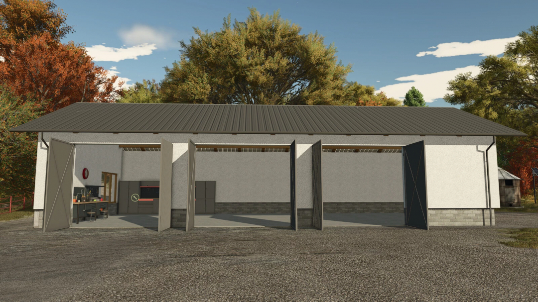 FS25 mod image of a modern barn with workshop featuring open doors and surrounding autumn trees.