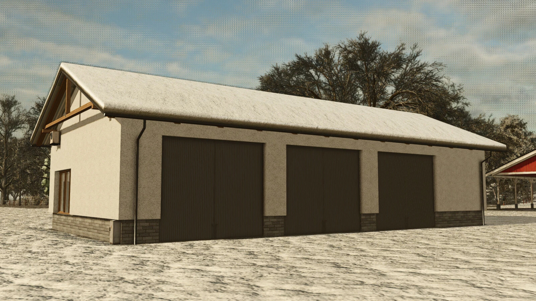 Modern barn with workshop mod for FS25, featuring a snow-covered roof and three large doors.