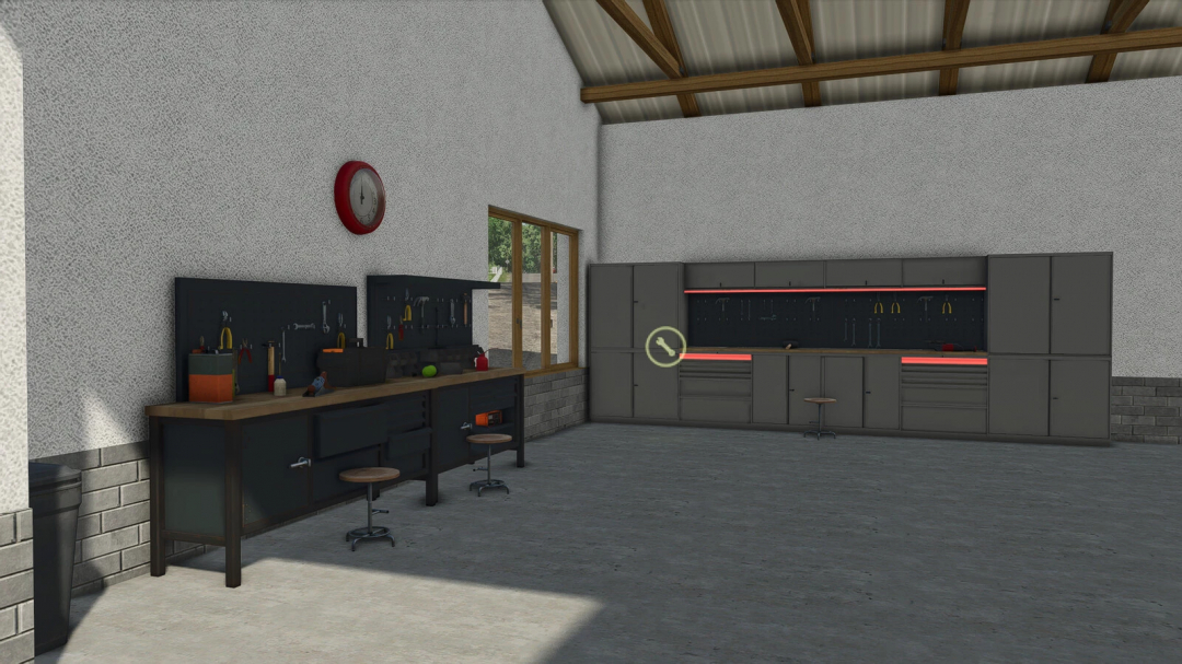 Interior of Modern Barn With Workshop mod in FS25, featuring workbenches, tools, and storage units.