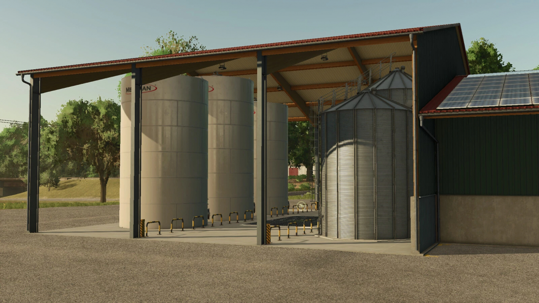 FS25 mod Multi-fruit Farm Storage with large silos under a shelter.