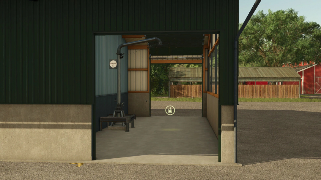 Interior view of Multi-fruit Farm Storage mod in FS25, showing a large open storage area with farming equipment.