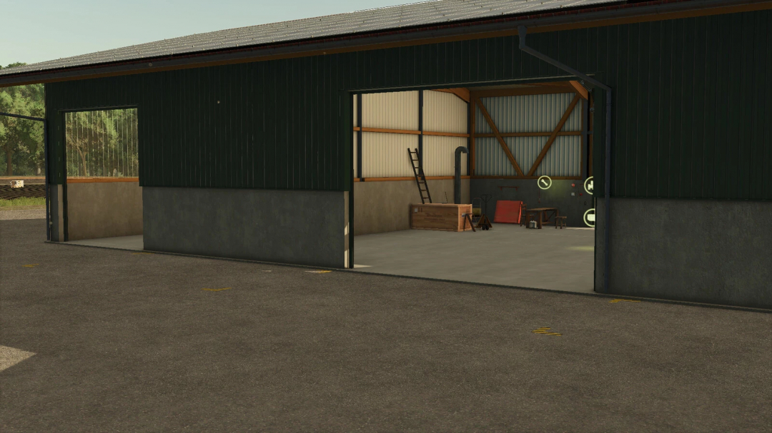 Open door view of Multi-fruit Farm Storage mod for FS25, showing interior with farming tools.