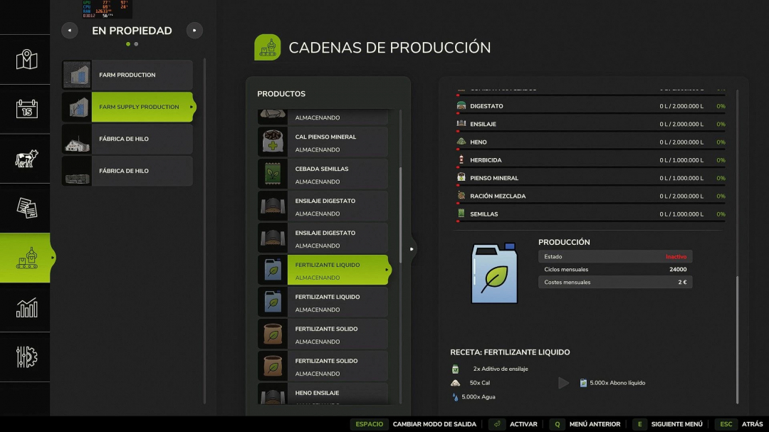 Farming Simulator 25 Multiple Factory mod interface showing farm supply production options and liquid fertilizer storage.