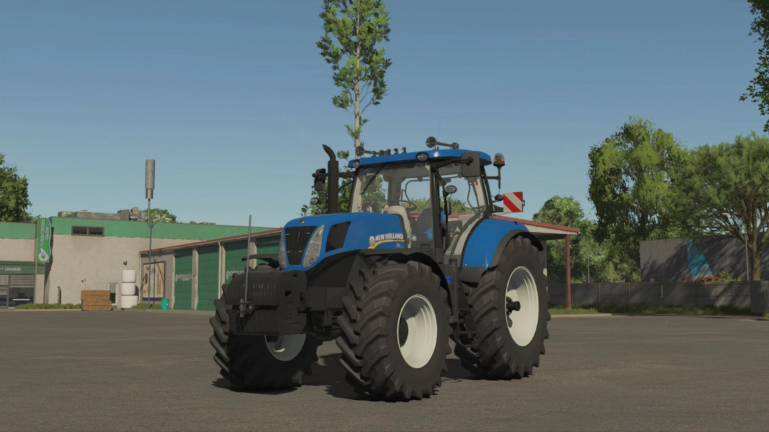 New Holland T7 Series tractor in FS25 mod, parked on a farm.