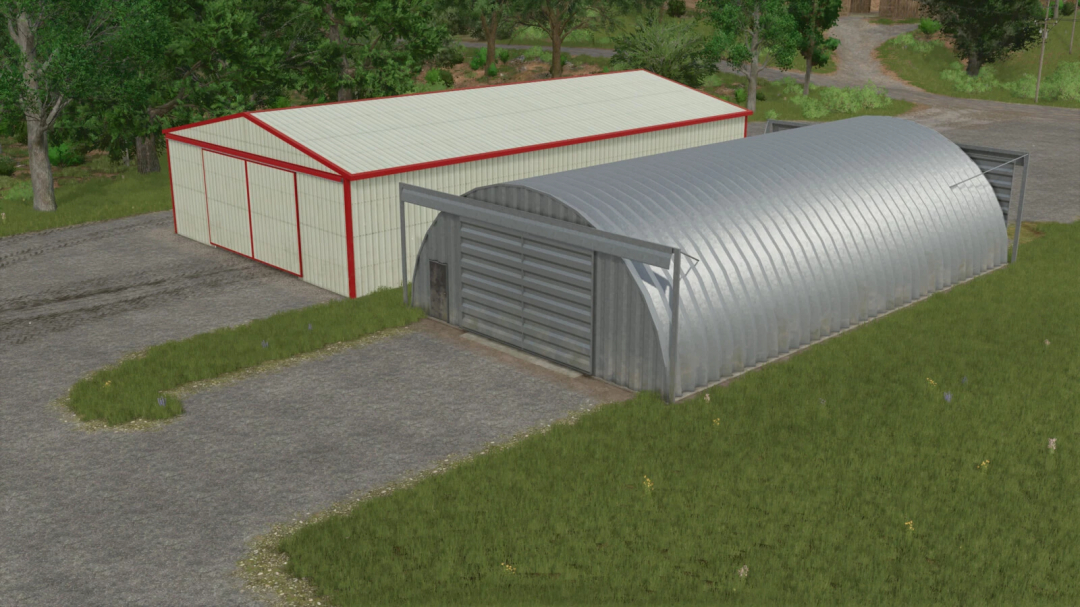 FS25 mods North American Shed Pack v1.0.0.0 featuring two detailed sheds in a grassy area.