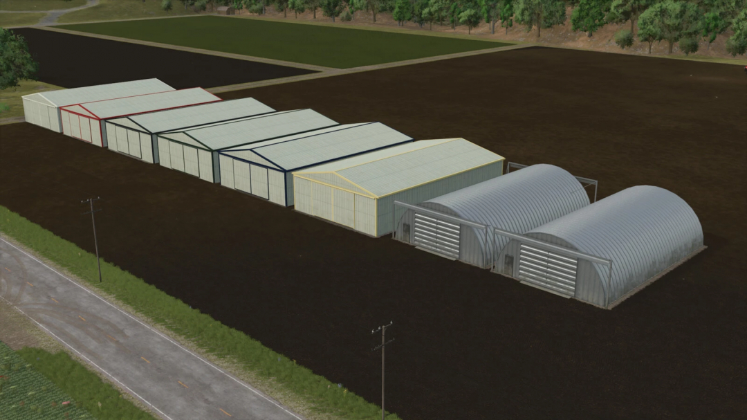 Aerial view of North American Shed Pack mod in Farming Simulator 25, featuring multiple sheds in various colors.