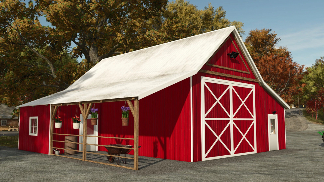 FS25 Old Barn v1.0.0.0 mod showcases a classic red barn with a white roof, set in a scenic rural environment.