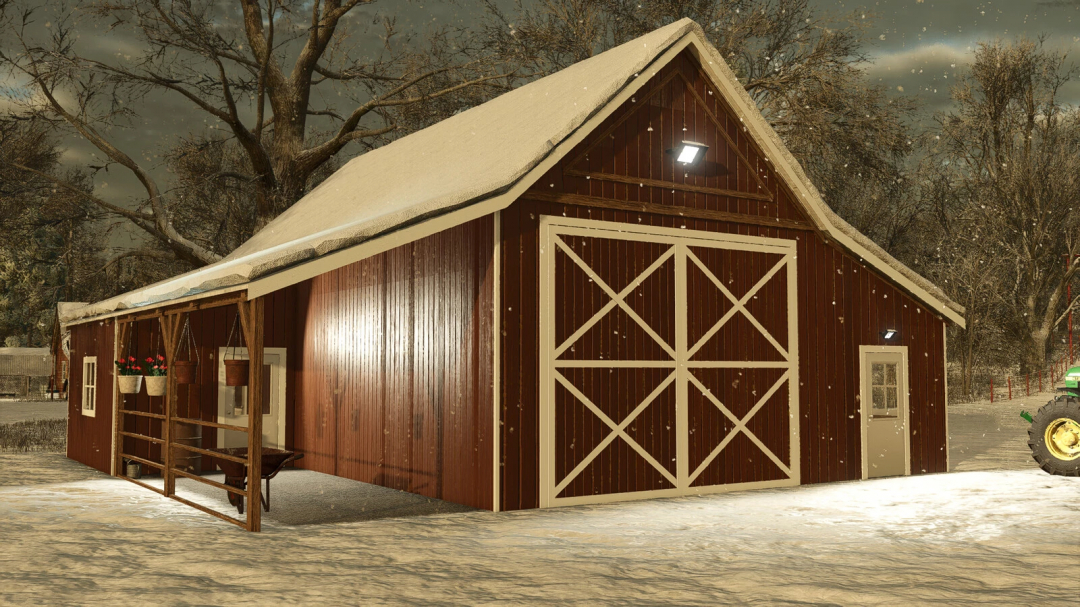 Old Barn mod in FS25 visible in snowy landscape, featuring the red wooden structure and white doors.