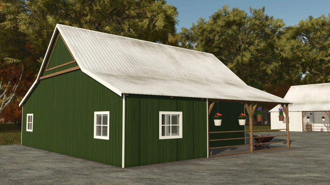 Green barn mod in FS25, Old Barn v1.0.0.0, with white roof and hanging flower pots.