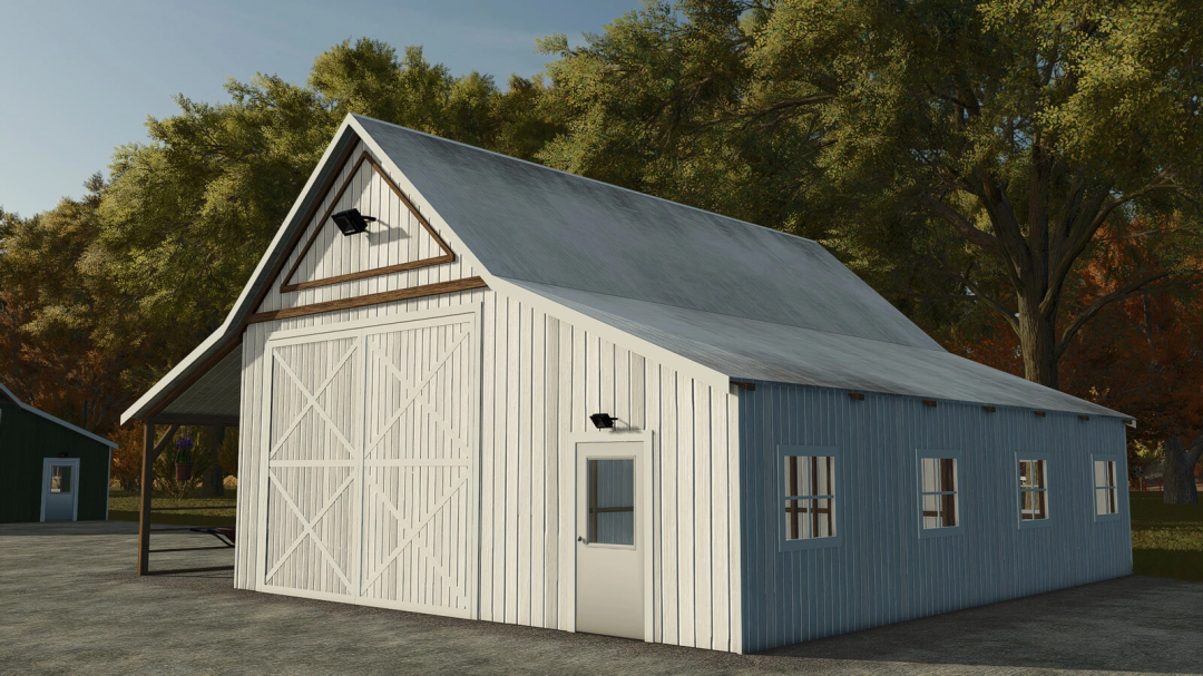 Old Barn mod in FS25 with a wooden exterior and white doors amid trees.