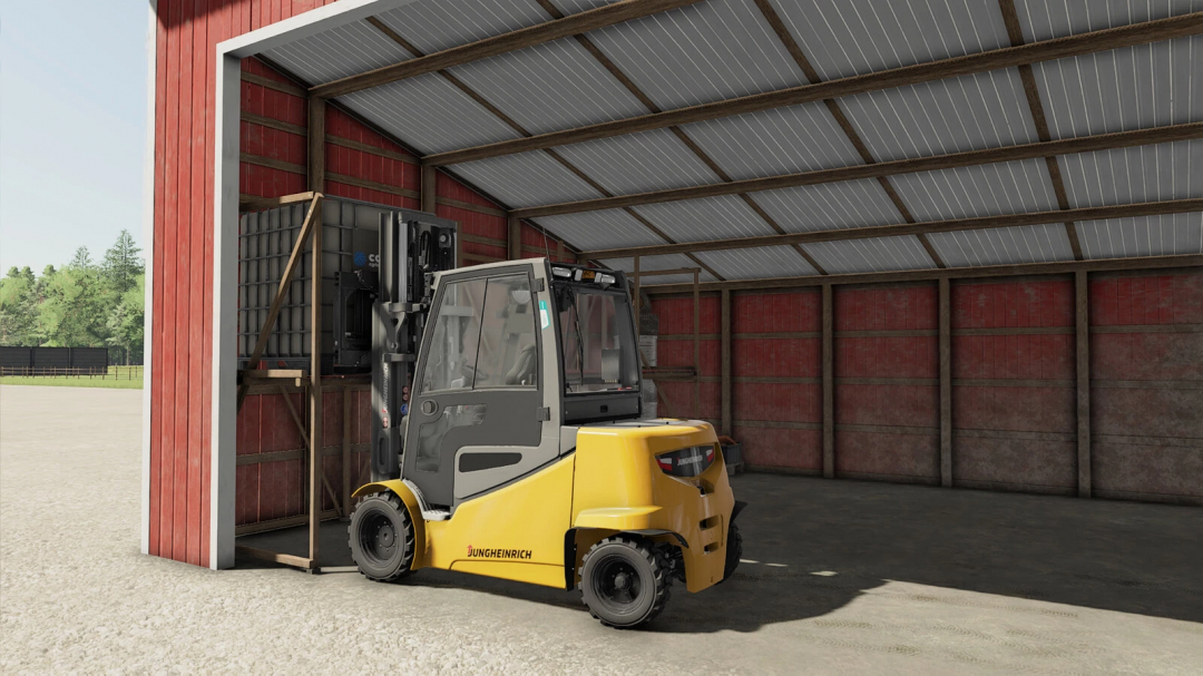 Yellow forklift inside barn in FS22 Old Skool Pack mod.