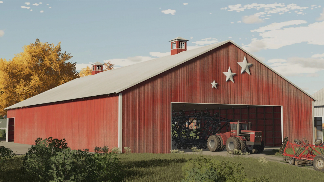 Red barn with tractors and equipment in FS22 Old Skool Pack mod