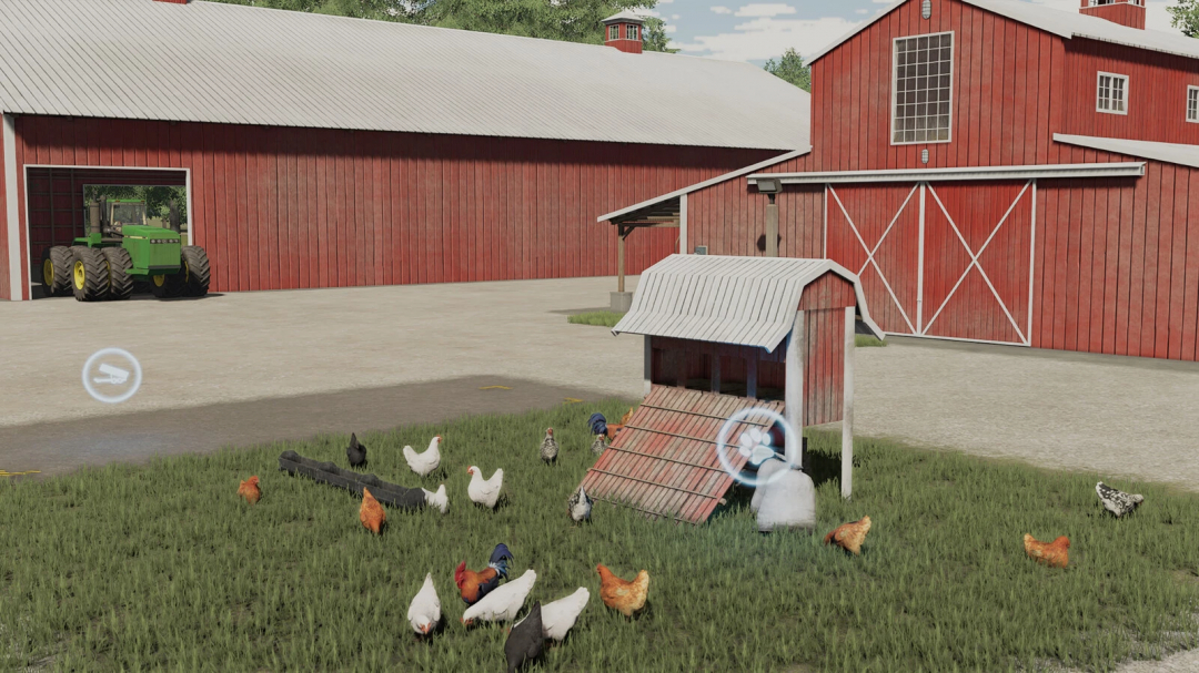 FS22 Old Skool Pack mod showing a farmyard with chickens, red barns, and green tractor. Farming Simulator 22 mods.