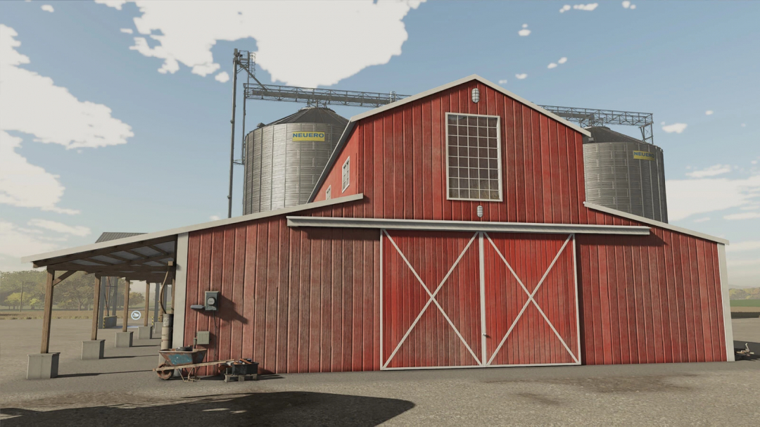 FS22 mods Old Skool Pack v1.0.0.0 featuring a classic red barn with silo in Farming Simulator 22.