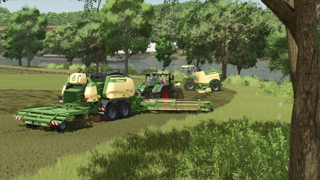 FS25 mods showcase Pack Of Balers With Windrower in lush farm setting.