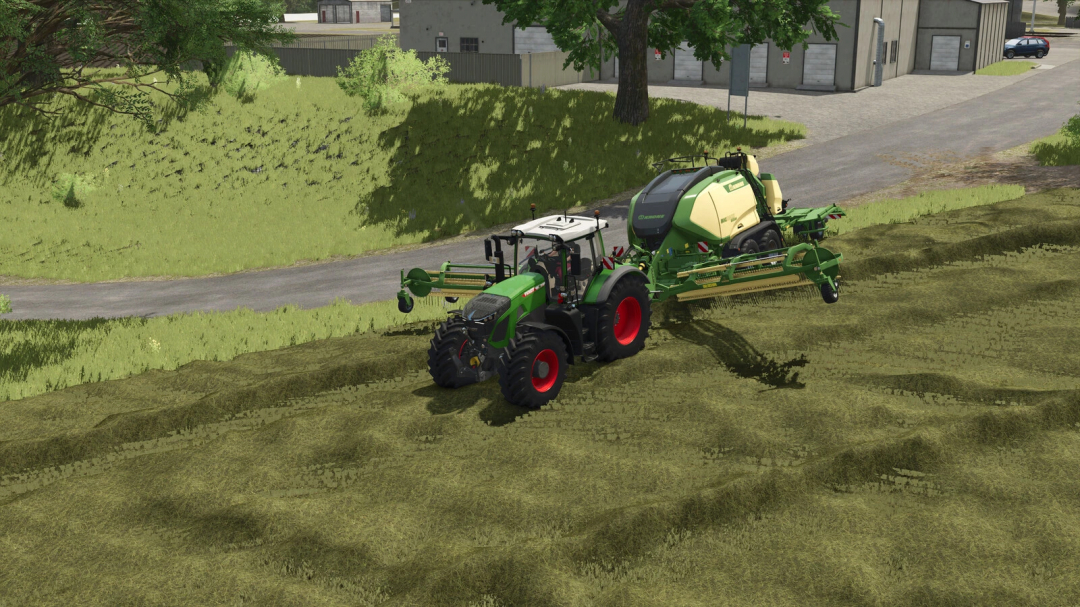 FS25 mod showing a tractor with Pack Of Balers With Windrower on a grassy field.