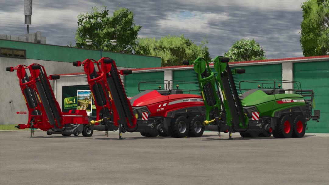 FS25 Pack Of Balers With Windrower mod, featuring red and green balers in a farm setting.