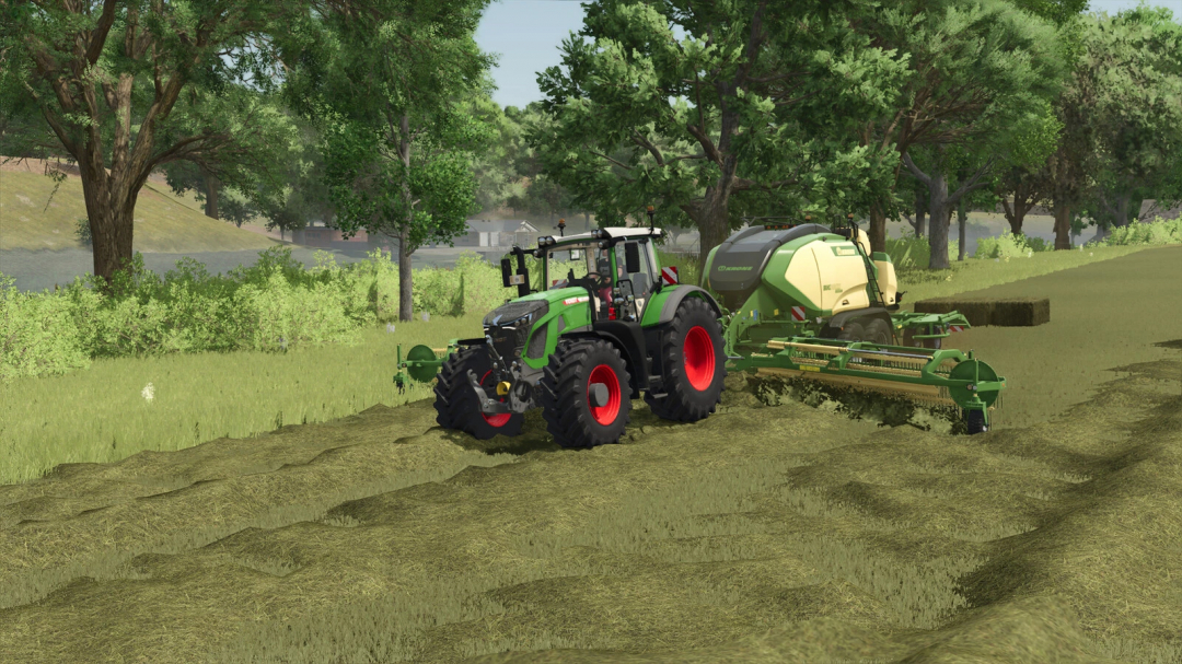 Tractor with baler and windrower mod in FS25 creating hay bales.