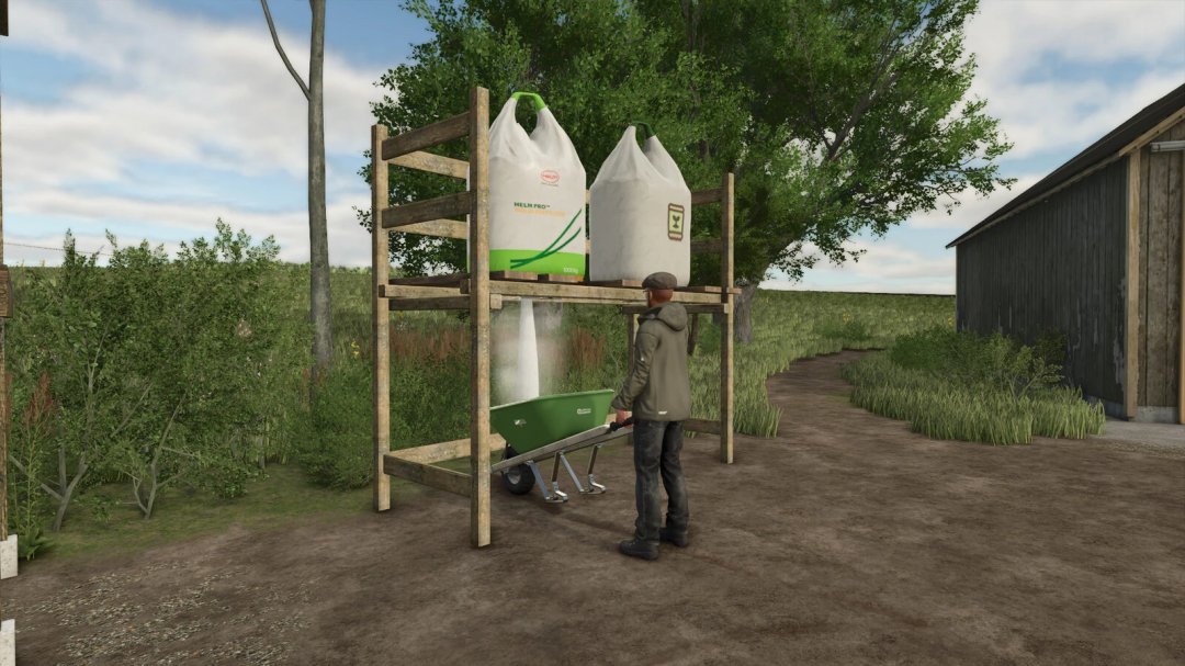 FS25 mod Pallet Storage v1.0.0.0 showing a farmer using a shelf system for large bags outdoors.