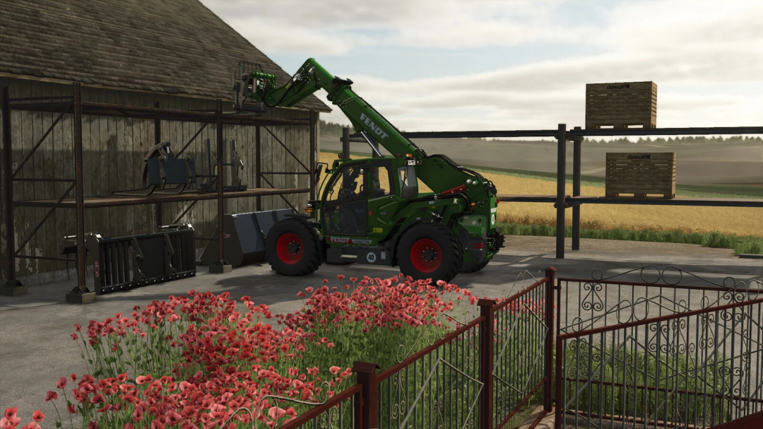 FS25 mod Pallet Storage v1.0.0.0 with a green telehandler lifting pallets near a barn.