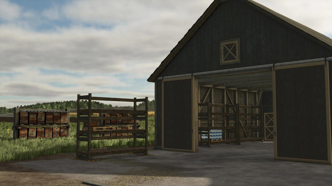 FS25 Pallet Storage mod scene with a barn and wooden racks for Farming Simulator 25.