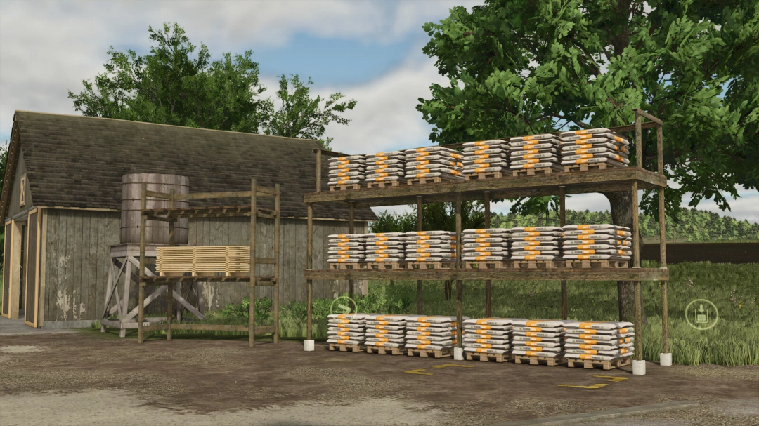 FS25 mod Pallet Storage v1.0.0.0 showing stacks of bags on wooden shelves in a rural setting.