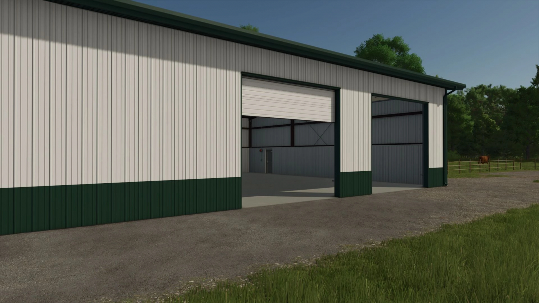 Placeable AGI Sentinel Garage mod for FS25 with open doors, showcasing spacious interior.