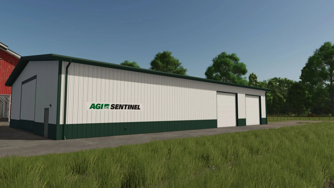 Placeable AGI Sentinel Garage in FS25 mod, a white and green building with large doors, set in a grassy area.