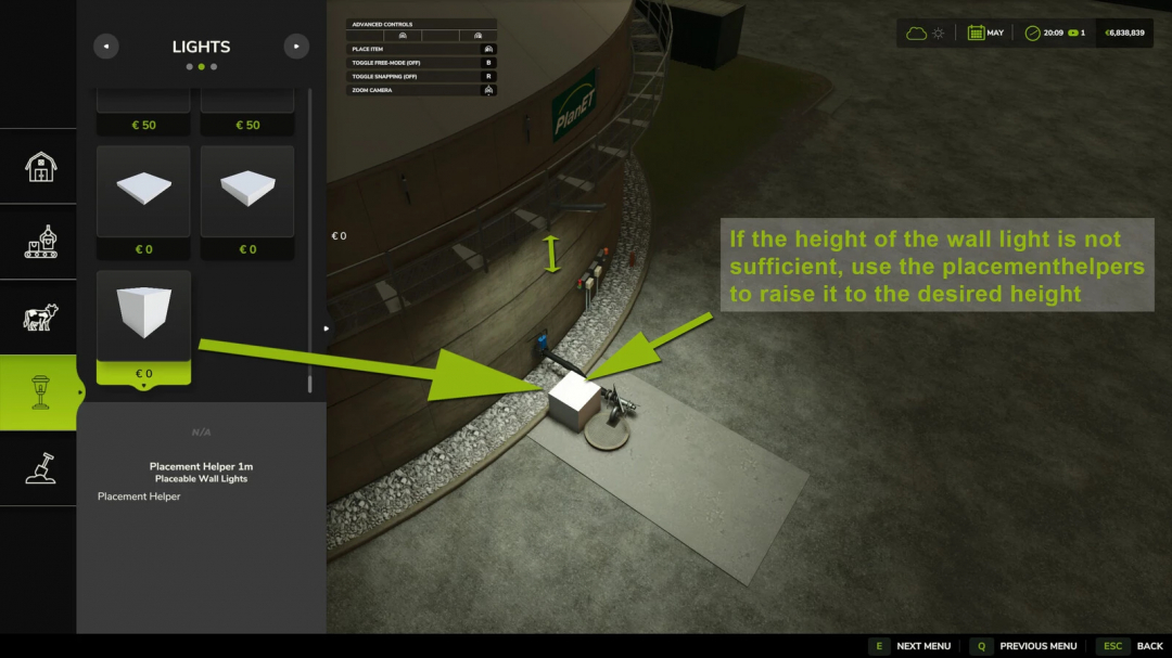 Farming Simulator 25 Placeable Wall Lights mod interface showing placement helpers for adjusting light height.