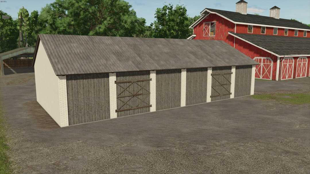 FS25 mod Polish Barn v1.0.0.0 featuring a rustic wooden barn beside a red structure in Farming Simulator 25.