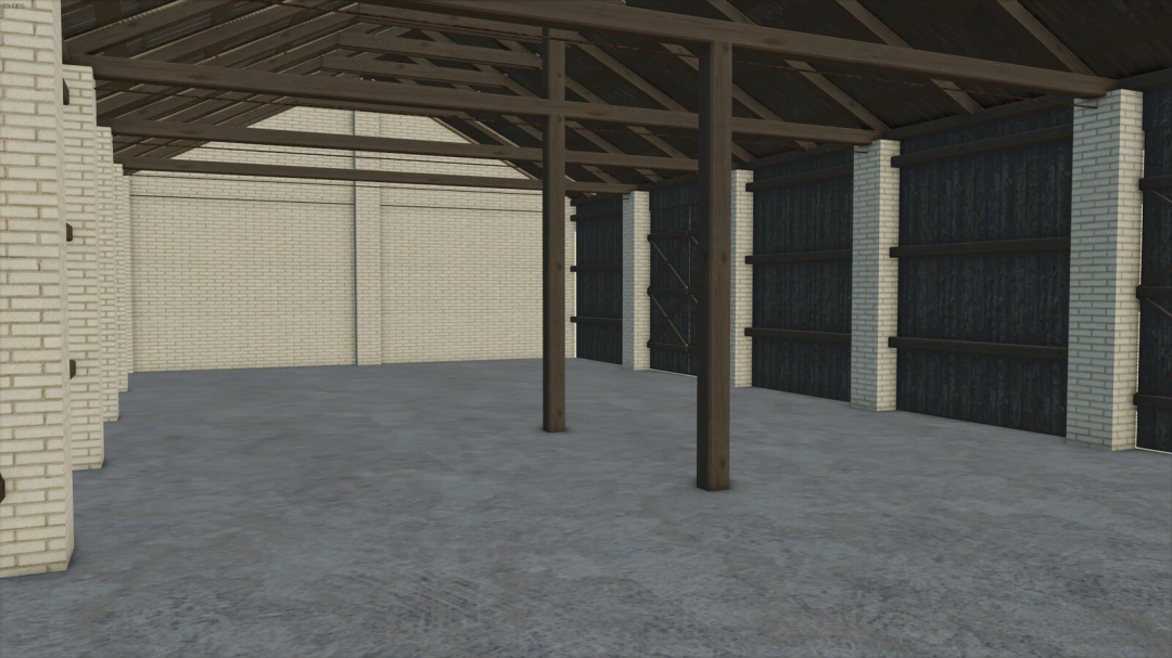 Interior of Polish Barn mod in Farming Simulator 25 with brick walls and wooden beams.