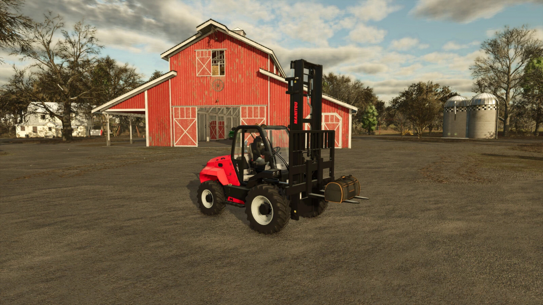 FS25 mod Portable Sleep Trigger v1.0.0.0, featuring a forklift in front of a red barn with silos in Farming Simulator 25.