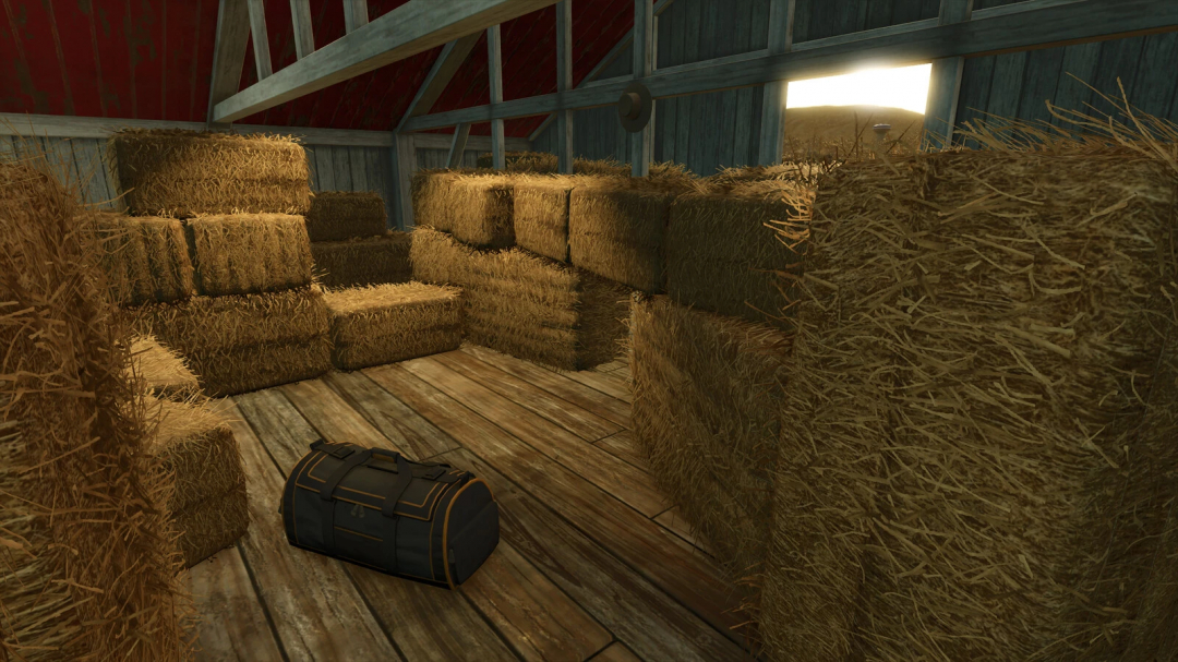 FS25 mod Portable Sleep Trigger v1.0.0.0 in a barn with hay bales and a duffel bag on the wooden floor.