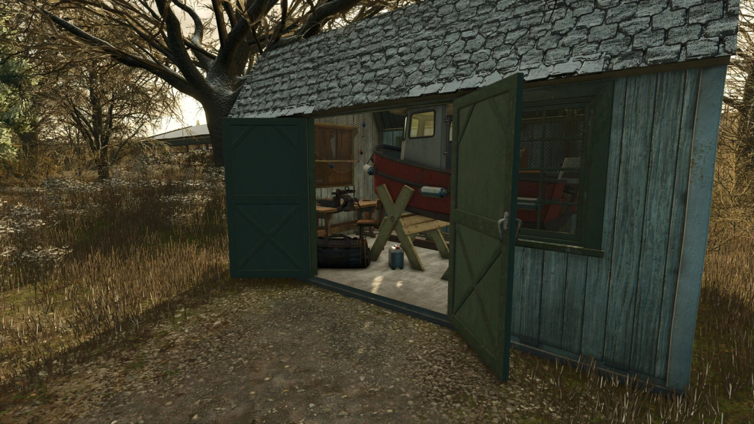 Open wooden shed with tools and a trailer in FS25 Portable Sleep Trigger mod.