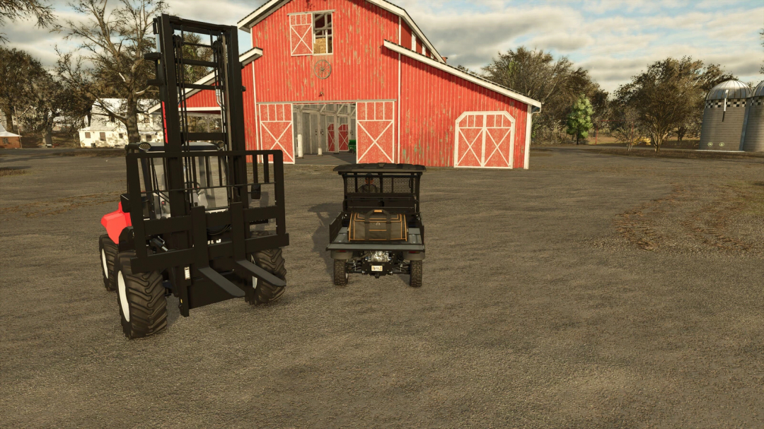 FS25 mods: Portable Sleep Trigger v1.0.0.0 with forklift and UTV near red barn.